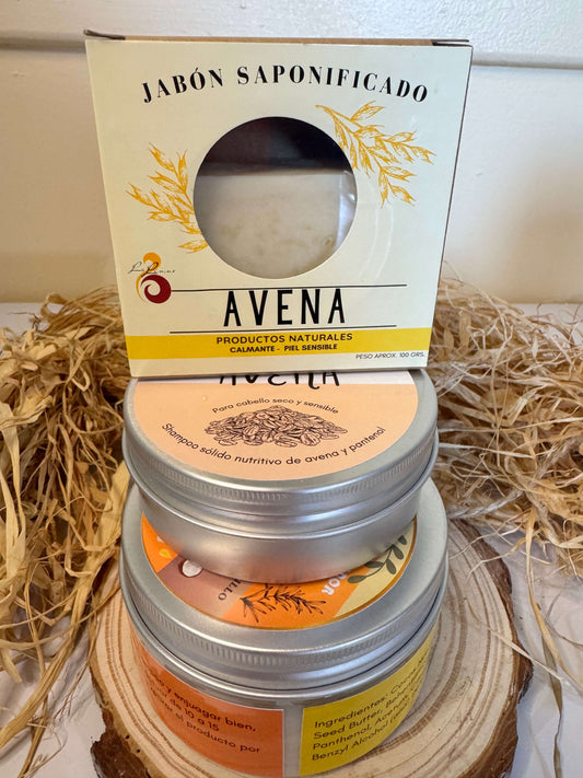 Pack Natural de Avena para Cabello Seco y Piel Sensible - Shampoo Sólido, Acondicionador Coco-Cacao y Jabon de Avena
