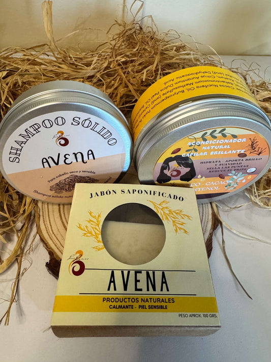 Pack Natural de Avena para Cabello Seco y Piel Sensible - Shampoo Sólido, Acondicionador Coco-Cacao y Jabon de Avena